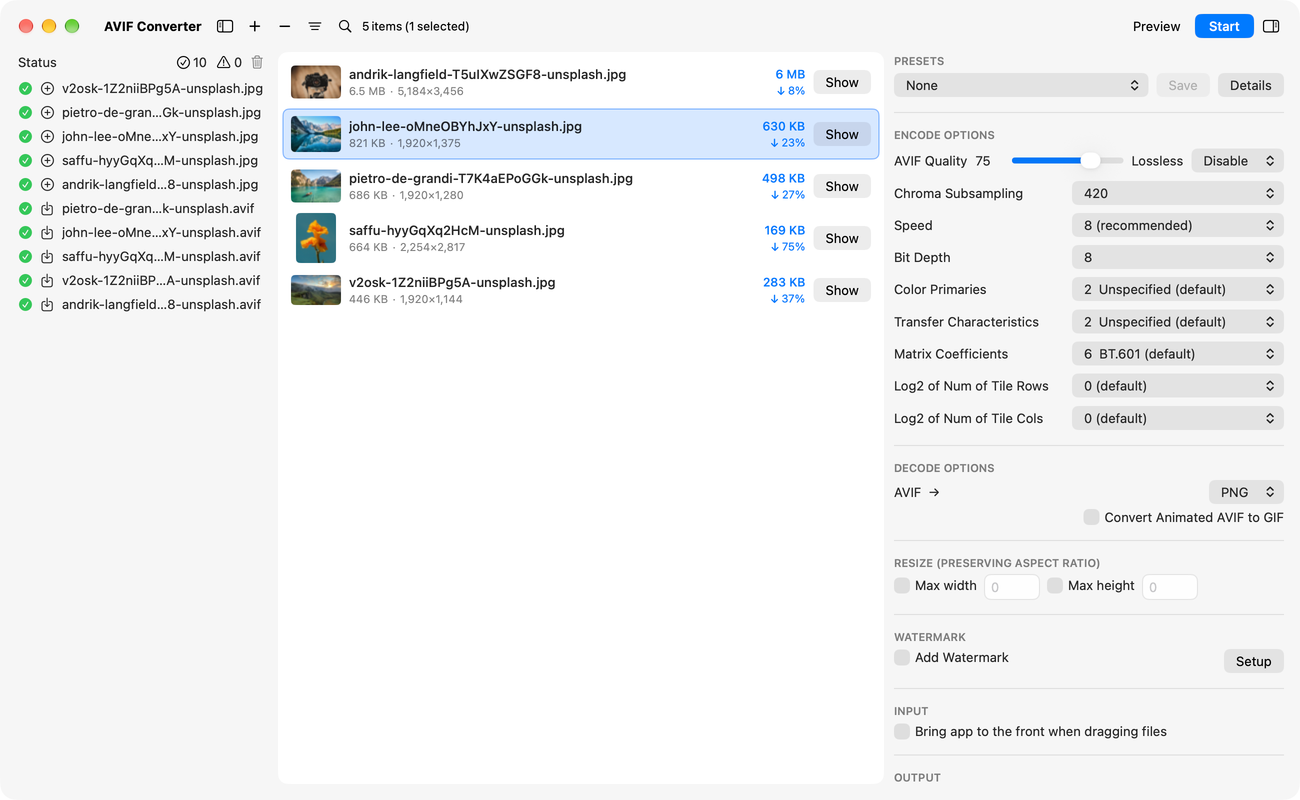Main window after converting five photos to AVIF, with Status on the left, the file list in the middle, and conversion settings on the right