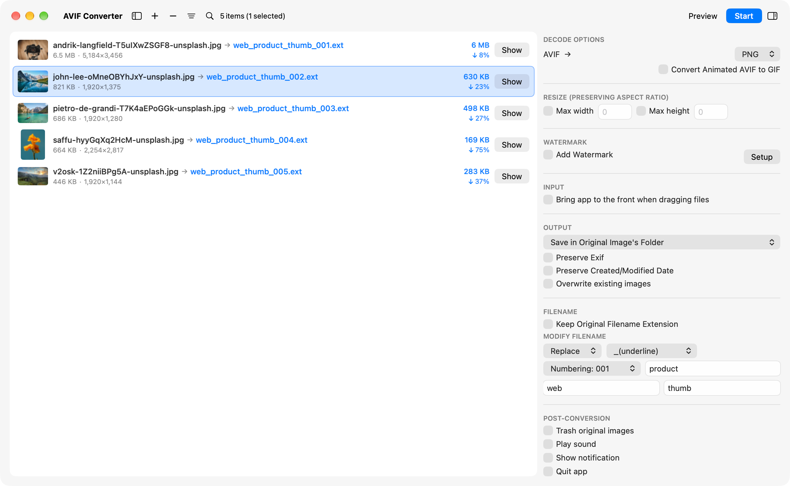 Main window with Replace set in the filename settings and the new file names shown in the list