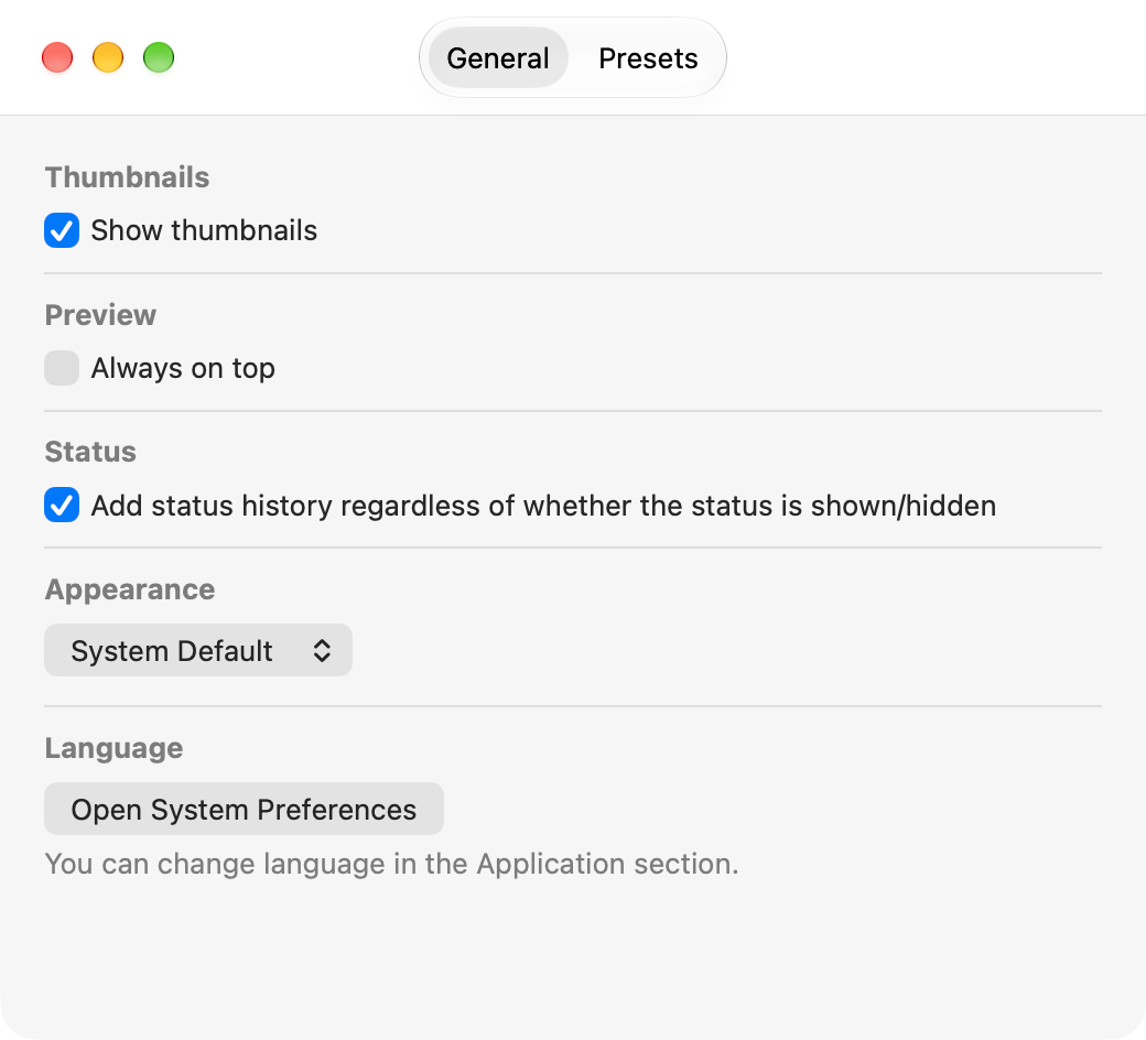 Settings: General tab