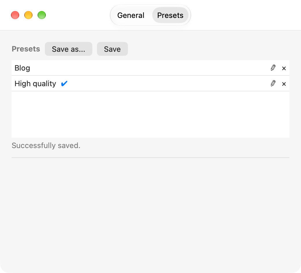 Settings: Presets tab