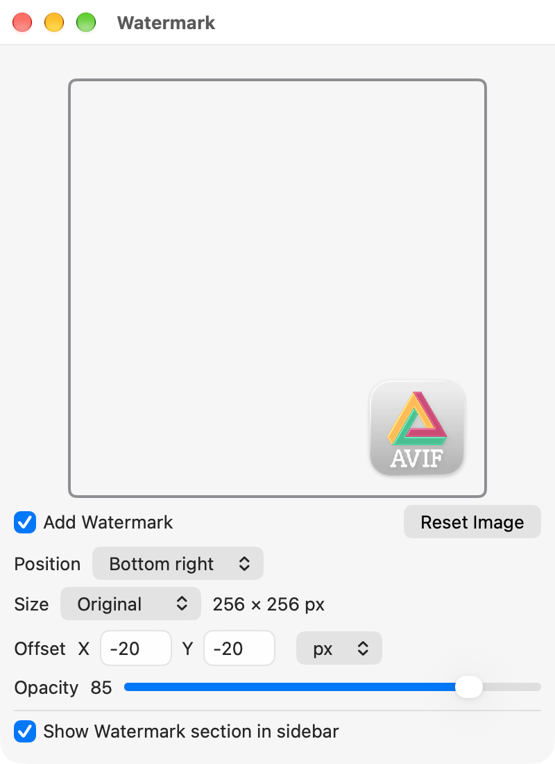 Watermark window with a logo at the bottom right and the position, size, offset, and opacity settings