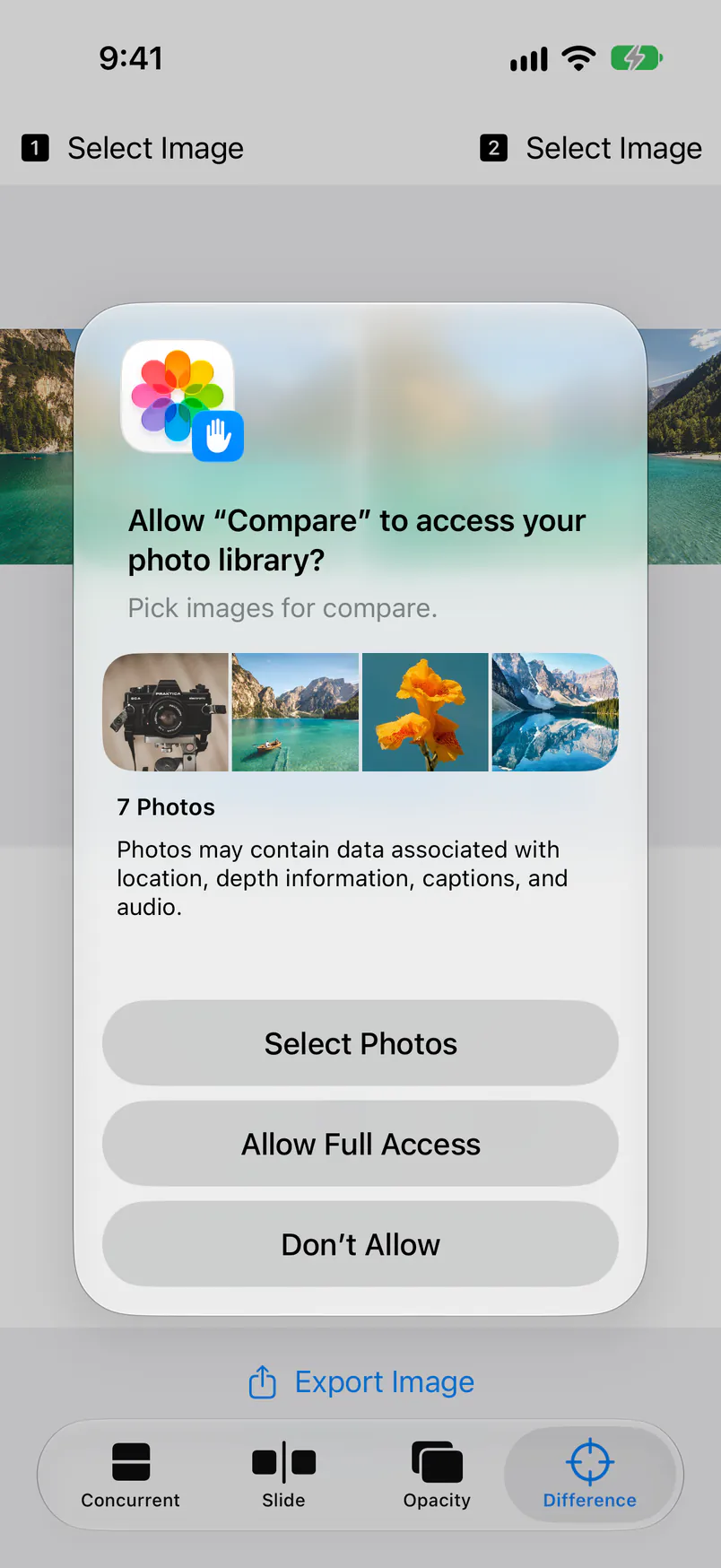 The photo library access prompt