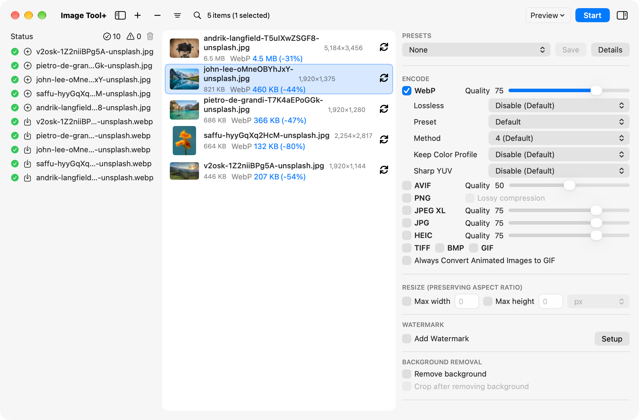 File list and conversion settings