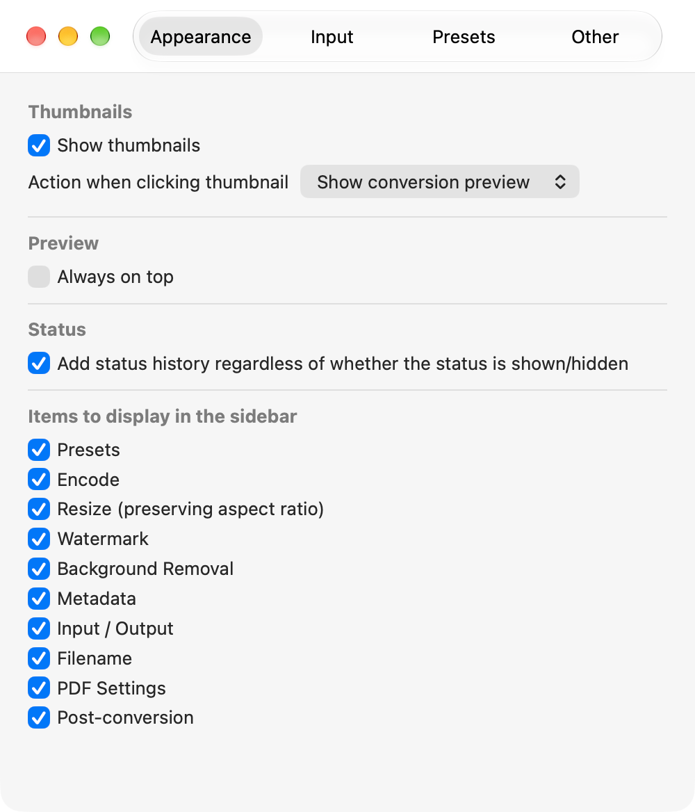 Settings: Appearance tab