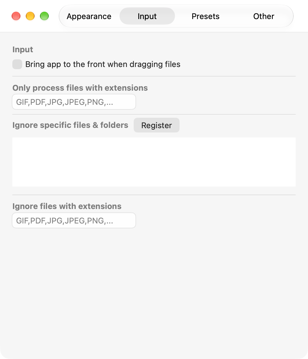 Settings: Input tab