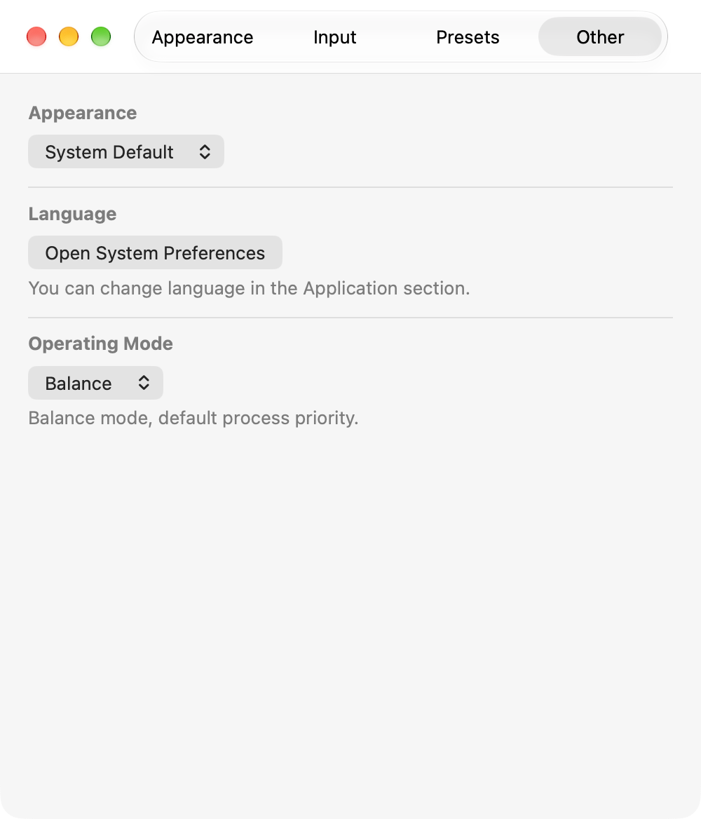 Settings: Other tab