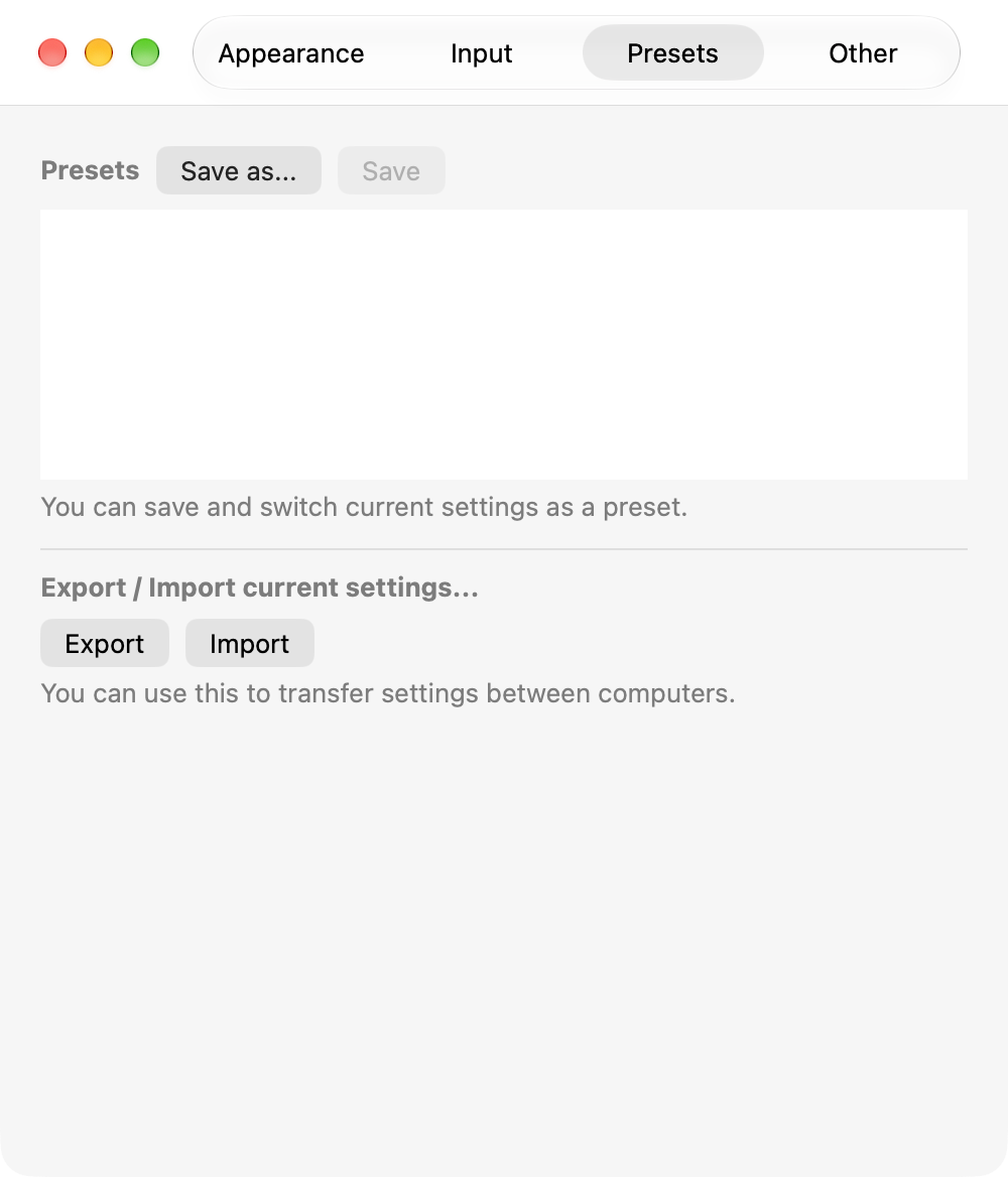 Settings: Presets tab