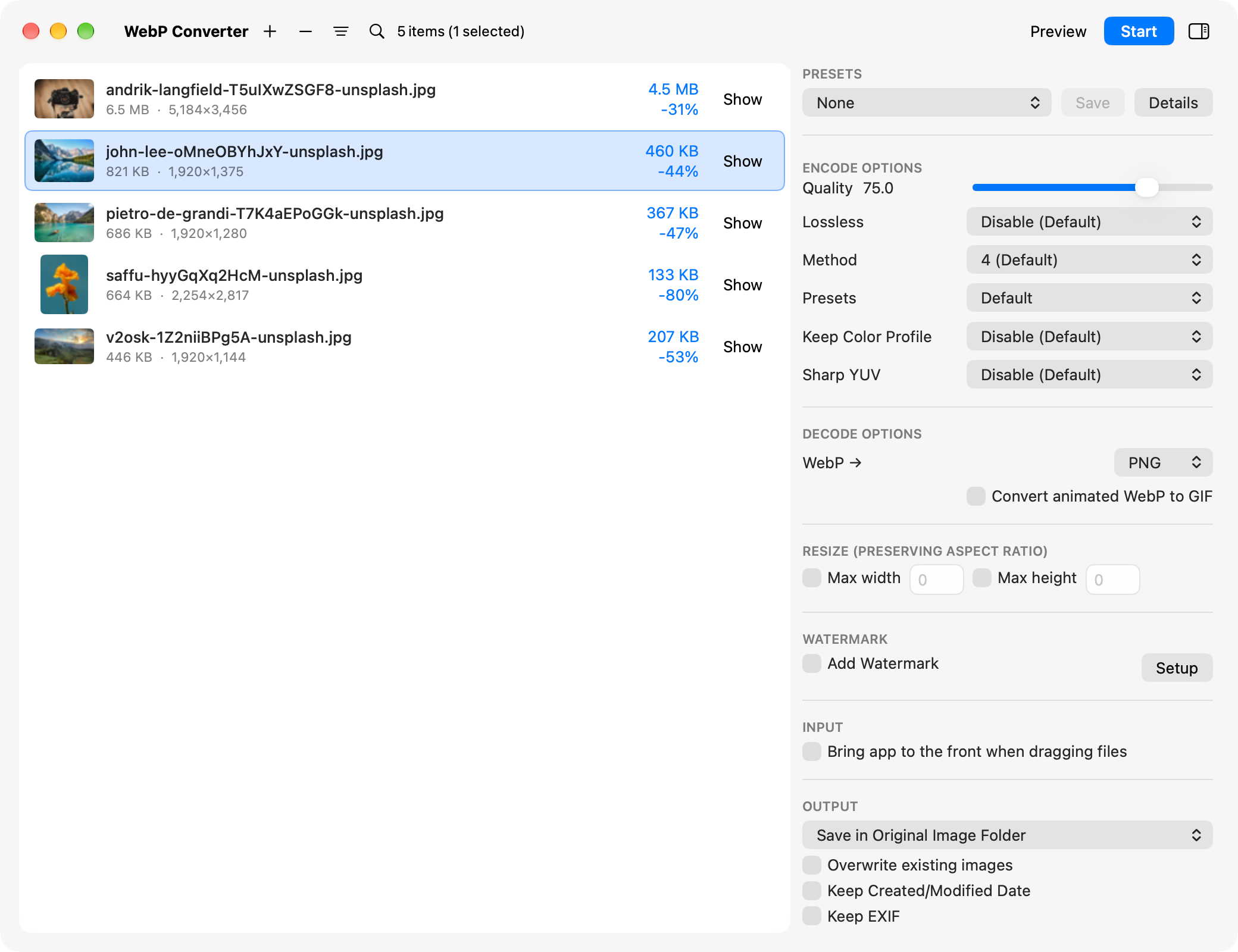 The main window after converting five photos to WebP