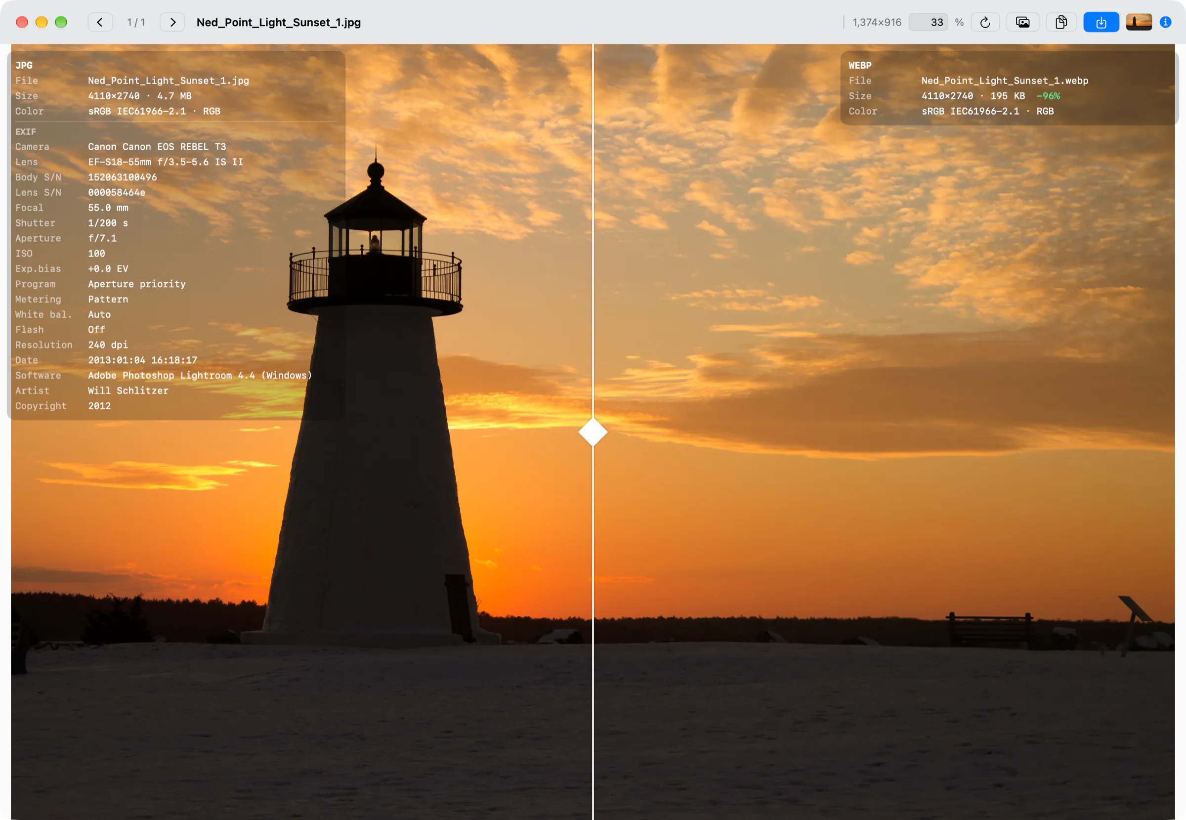 The preview window showing a photo of a lighthouse at sunset