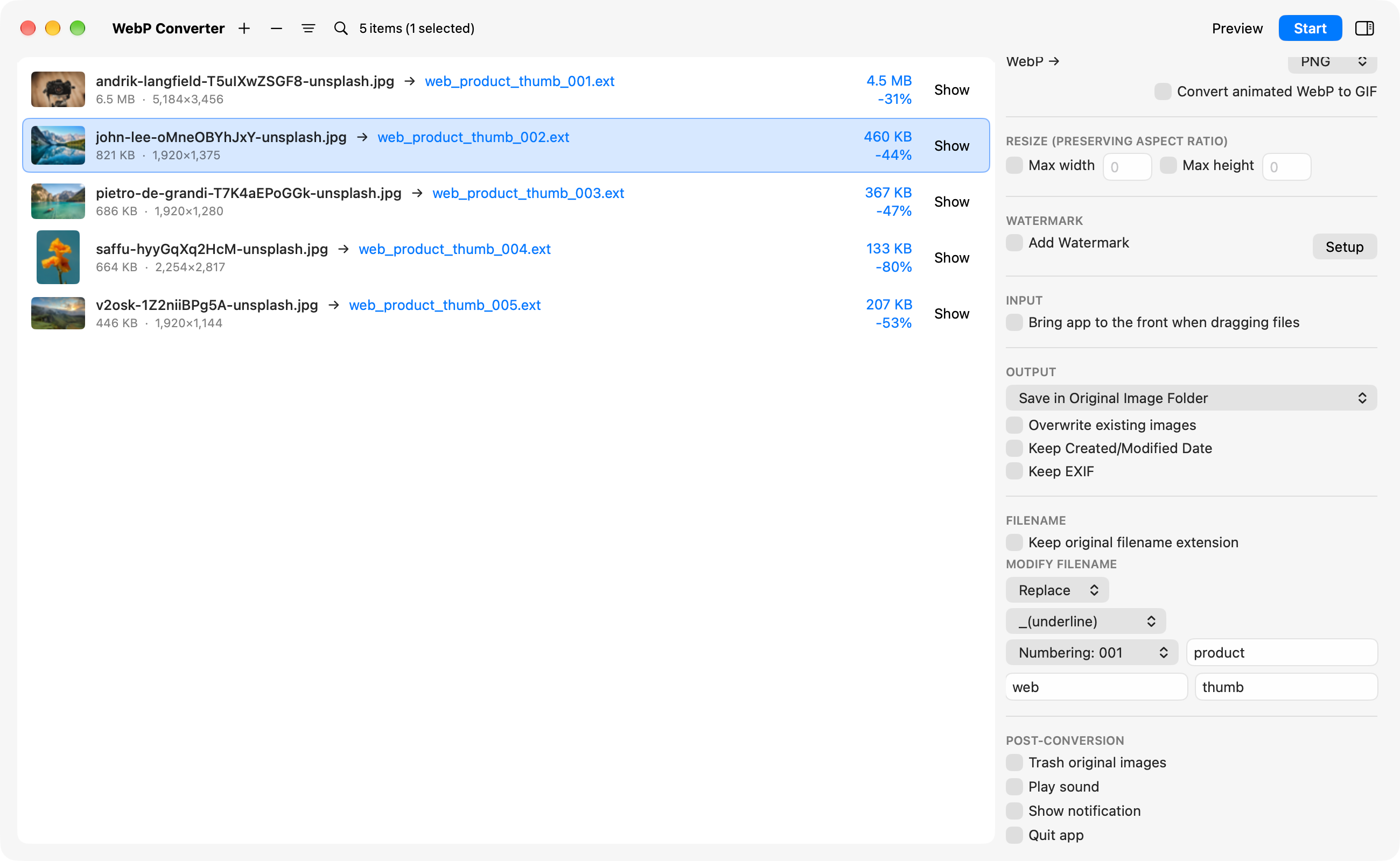 The main window with Replace chosen under FILENAME