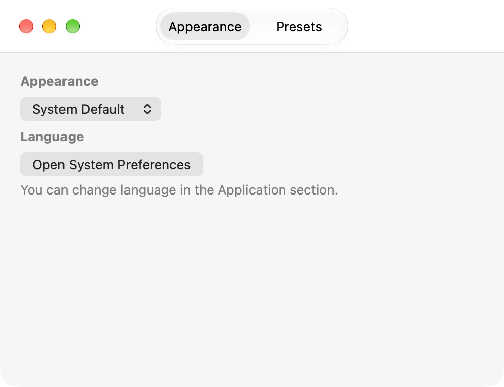 Settings: the Appearance tab
