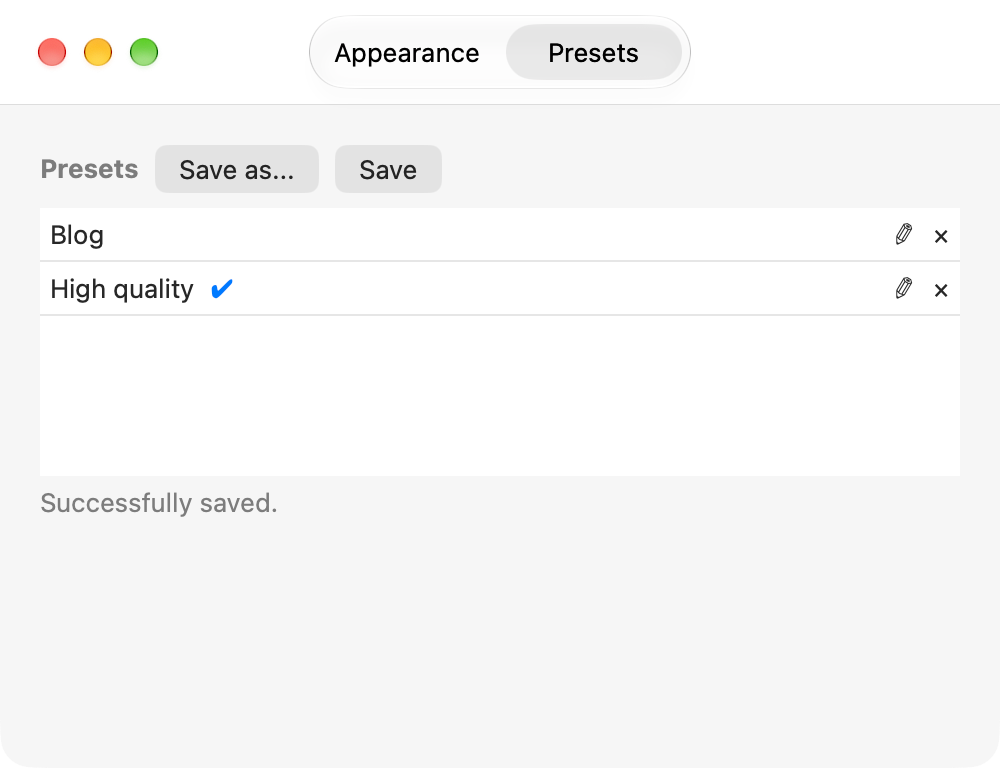 Settings: the Presets tab