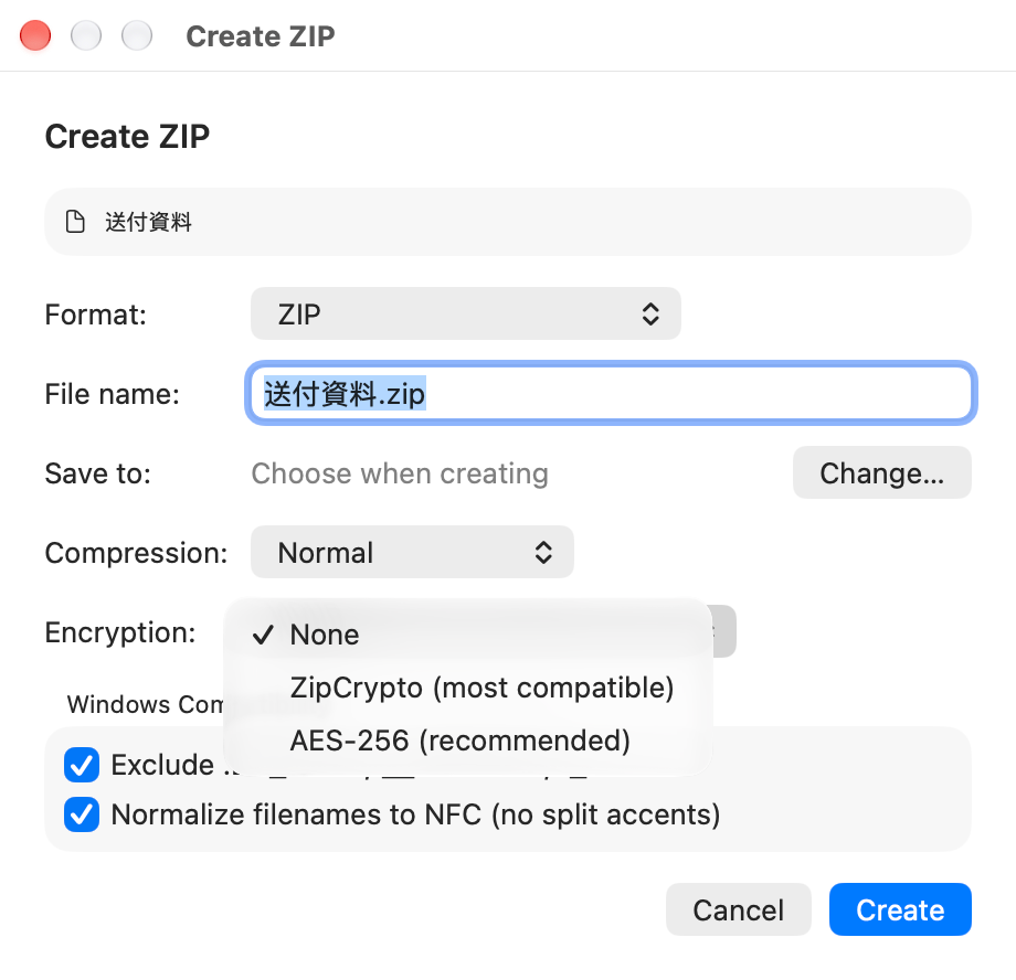 Encryption options in the Create ZIP window
