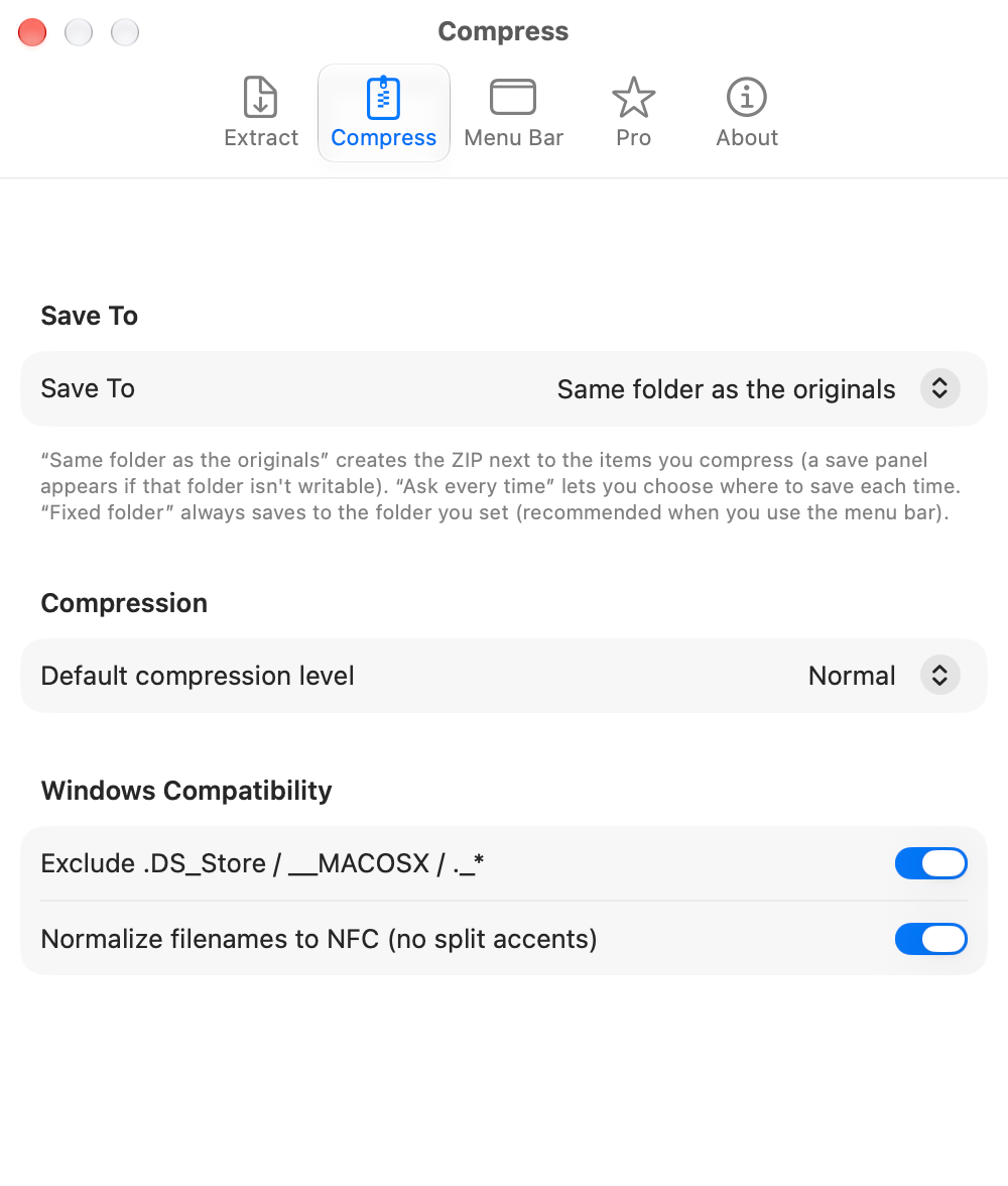 Settings: Compress tab
