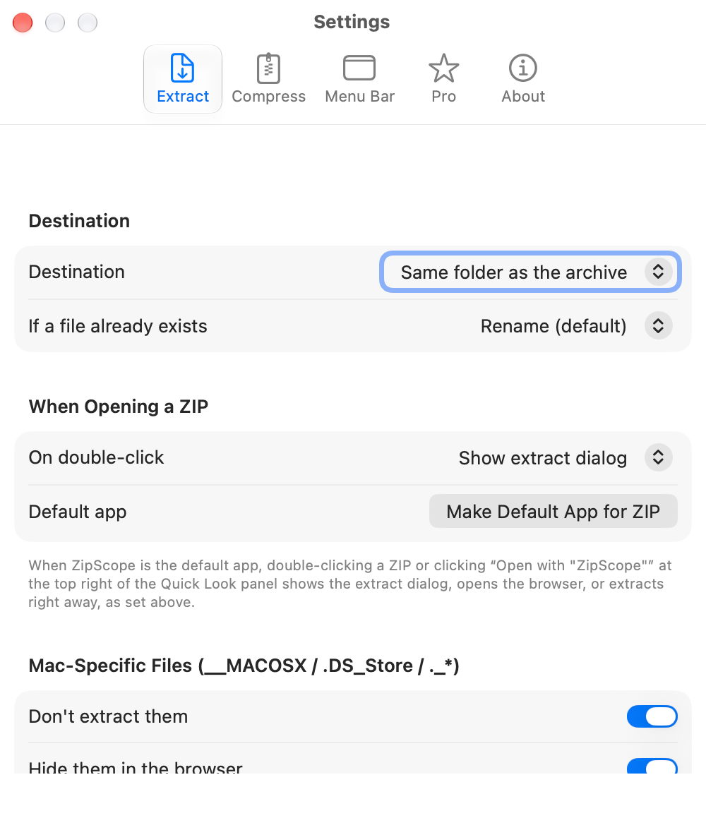 Settings: Extract tab