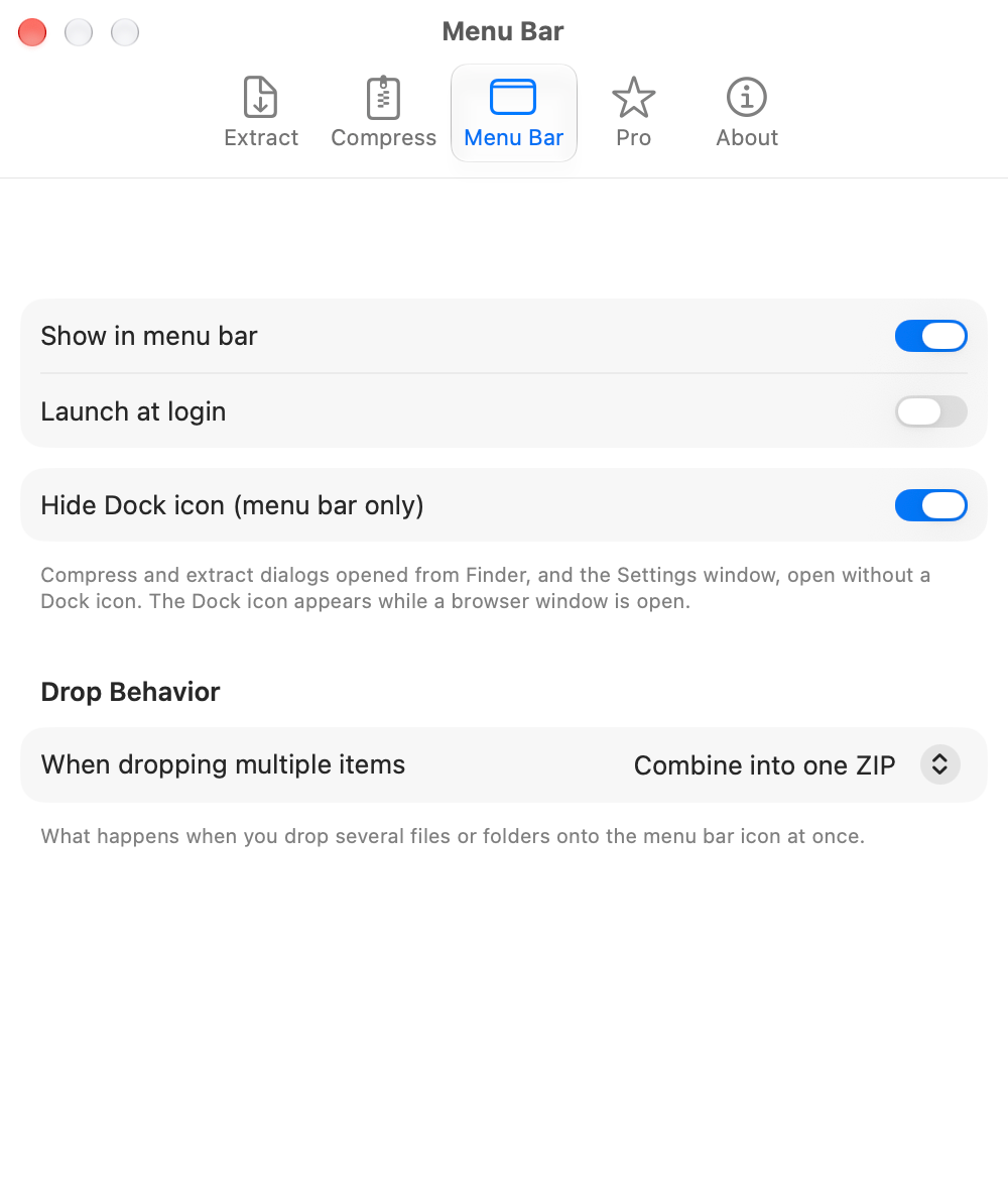 Settings: Menu Bar tab