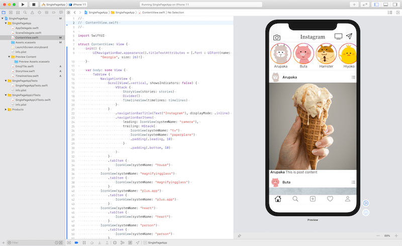 Instagramのホーム画面を作っているxcode