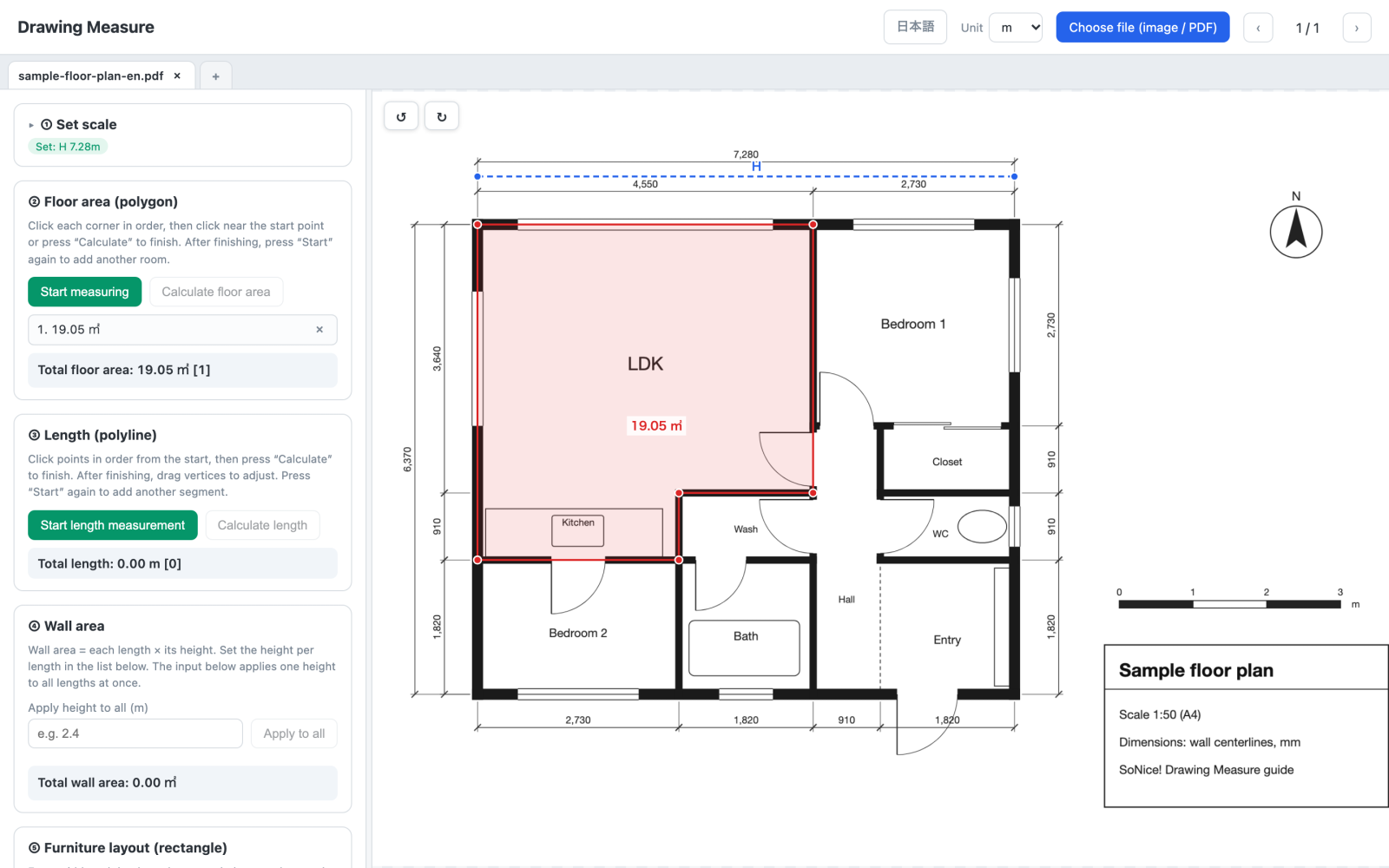 Drawing Measure with the sample floor plan loaded and the L-shaped LDK outlined, showing 19.05 square meters