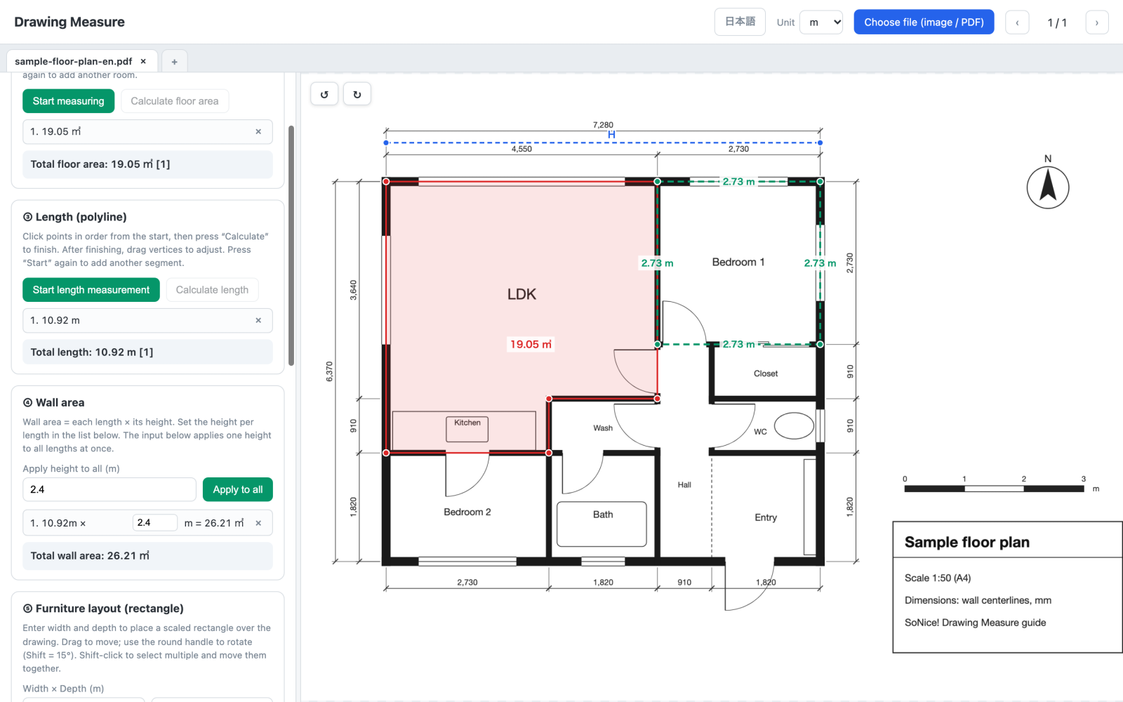 Drawing Measure measuring around Bedroom 1 of the sample plan with a polyline, showing 10.92 m and a wall area of 26.21 square meters