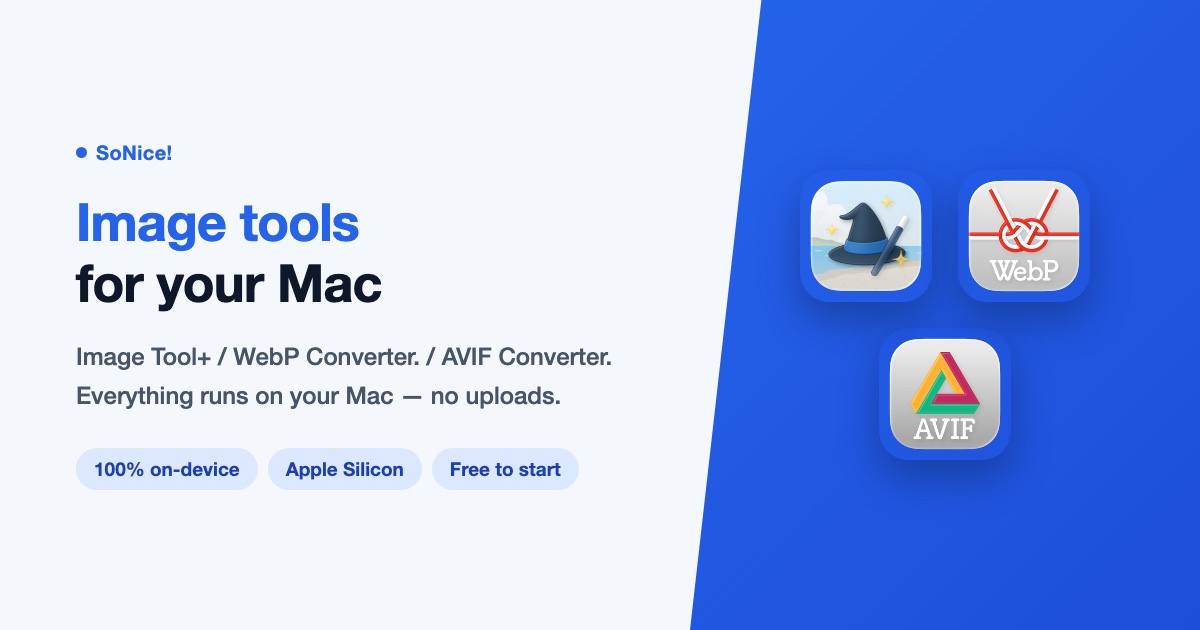 Mac image converter apps that export WebP and AVIF: Image Tool+, WebP Converter., and AVIF Converter.