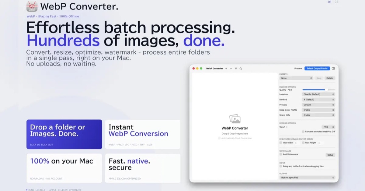 WebP Bulk Converter for Mac | PNG/JPG/HEIC/GIF to WebP, 100% Offline ...